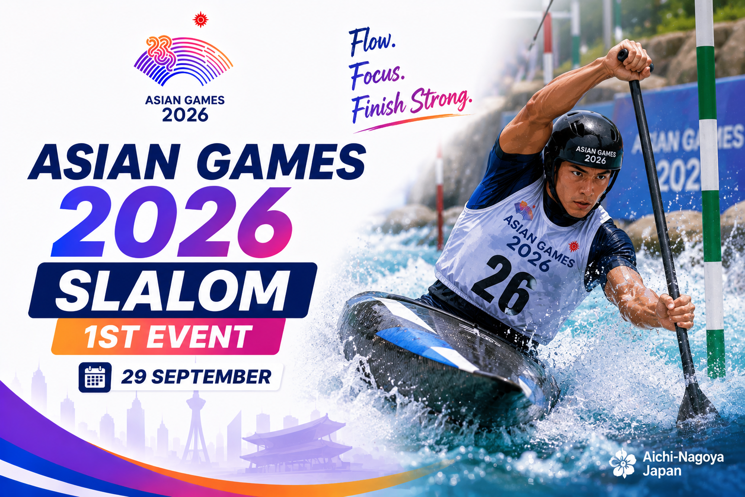 Asian Games 2026 Slalom 1st Event on 29 September featuring a canoeist navigating whitewater.