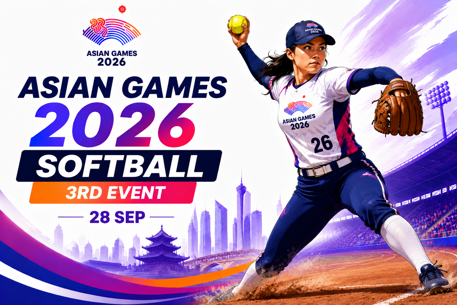 Asian Games 2026 Softball 3rd Event poster featuring a softball pitcher in action with bold event branding and the date 28 September.