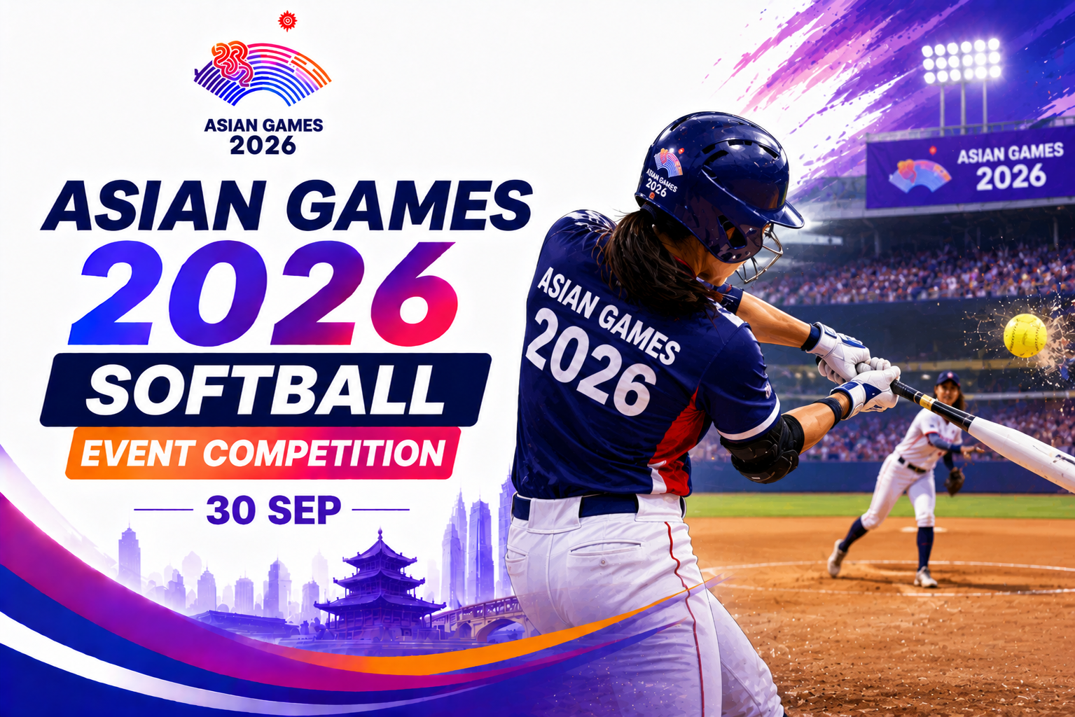 Asian Games 2026 Softball Competition poster featuring a softball player batting with bold event branding and the date 30 September.