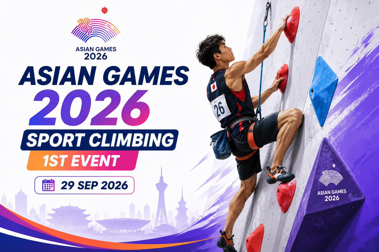Asian Games 2026 Sport Climbing 1st Event poster featuring a climber scaling an indoor climbing wall on 29 September 2026.