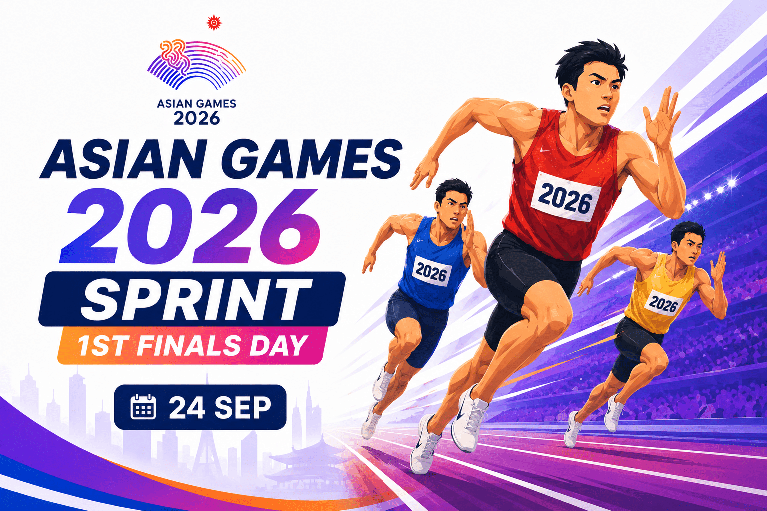 Asian Games 2026 Sprint 1st Finals Day poster showing athletes racing on a track, scheduled for 24 September.