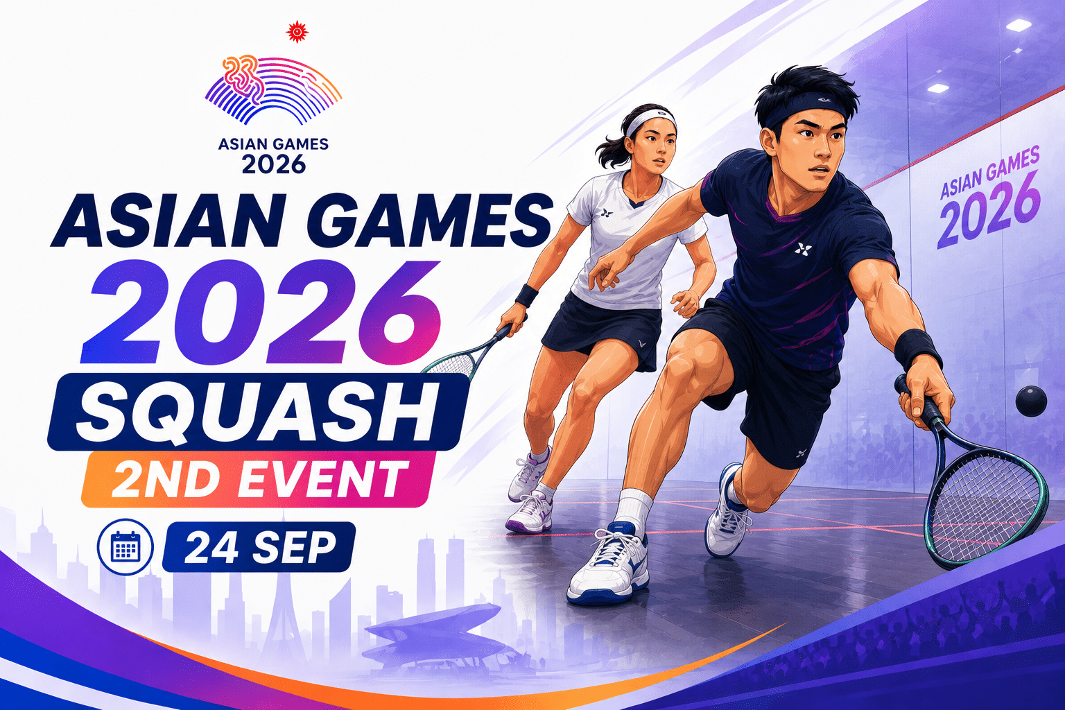 Asian Games 2026 Squash 2nd Event poster featuring two squash players in action inside a glass court, with bold event branding and the date 24 September.