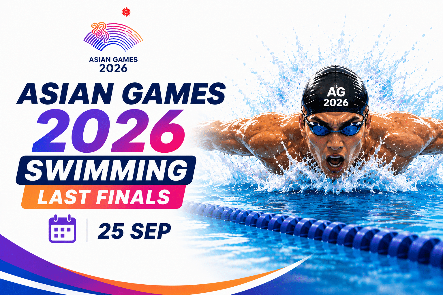 Asian Games 2026 Swimming Last Finals poster featuring a swimmer racing through water, scheduled for 25 September.