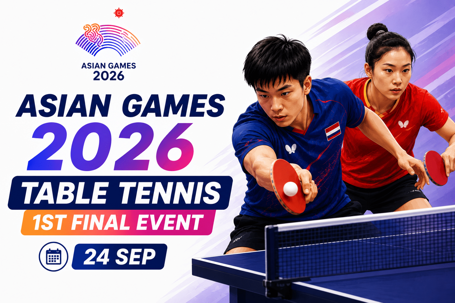 Asian Games 2026 Table Tennis 1st Final Event poster featuring two athletes competing across a table tennis table, with bold event branding and the date 24 September.