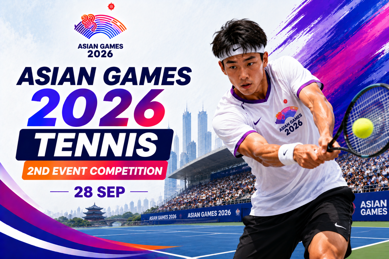 Asian Games 2026 Tennis 2nd Event Competition poster featuring a tennis player hitting a powerful forehand on an outdoor court, scheduled for 28 September 2026.