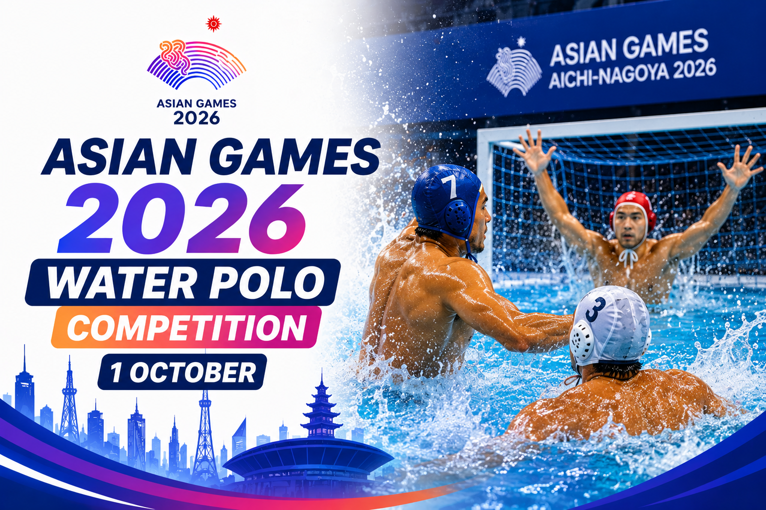 Asian Games 2026 Water Polo Competition poster featuring athletes competing in an intense water polo match on October 1, 2026.