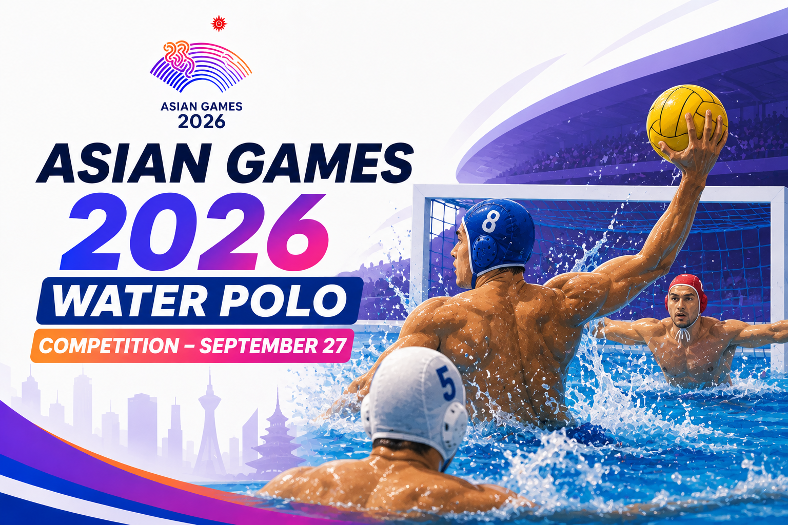 Asian Games 2026 Water Polo Competition poster featuring players competing in the pool on September 27.