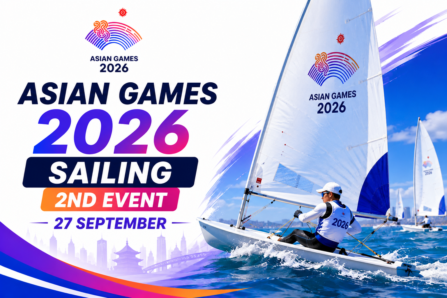 Asian Games 2026 Sailing 2nd Event poster featuring a sailor racing a dinghy on 27 September.