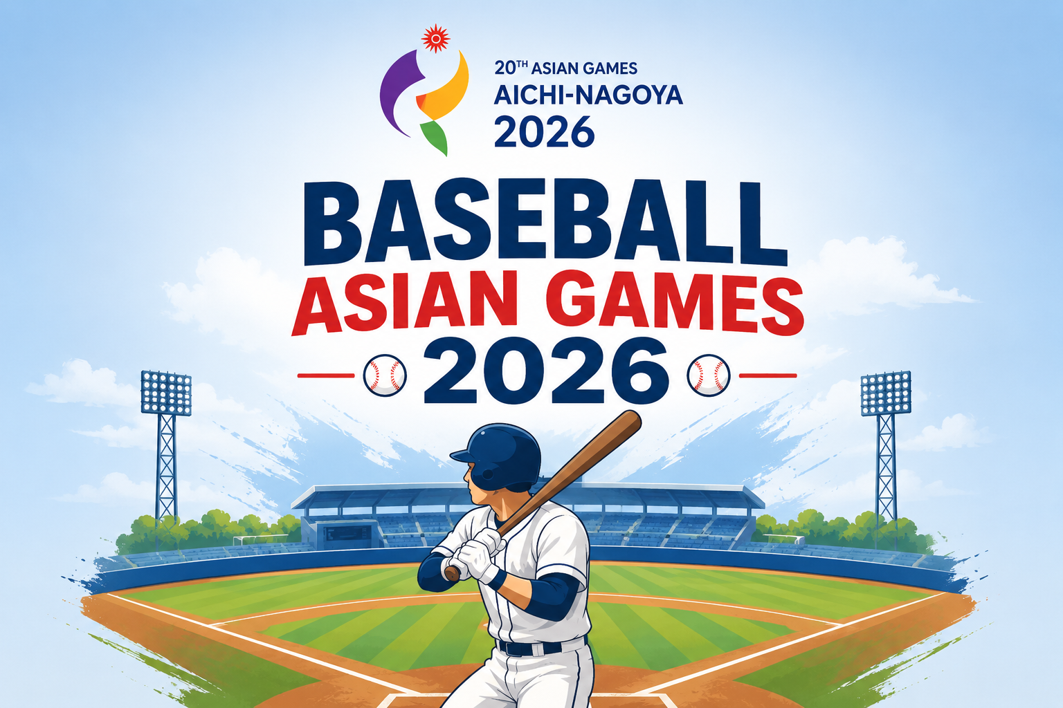 Baseball Asian Games 2026 illustration featuring an animated baseball player standing in a stadium in Aichi-Nagoya, Japan.