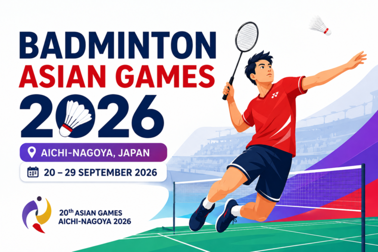 Badminton Asian Games 2026 feature image with an animated player competing in Aichi-Nagoya, Japan.