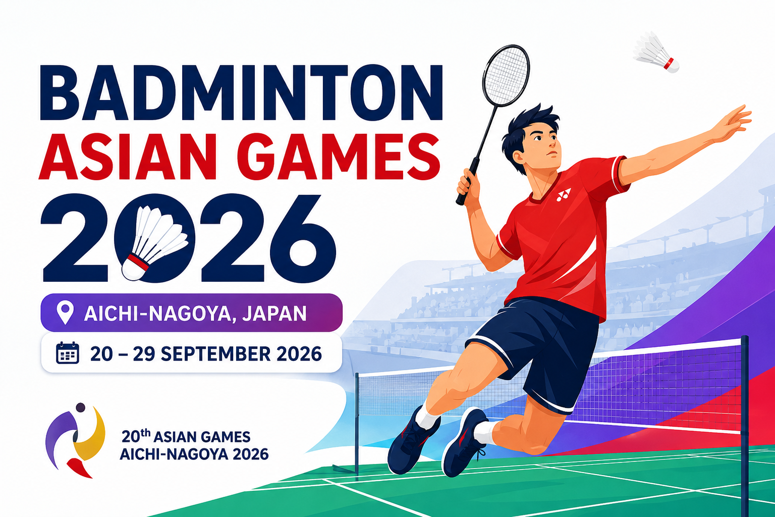 Badminton Asian Games 2026 feature image with an animated player competing in Aichi-Nagoya, Japan.