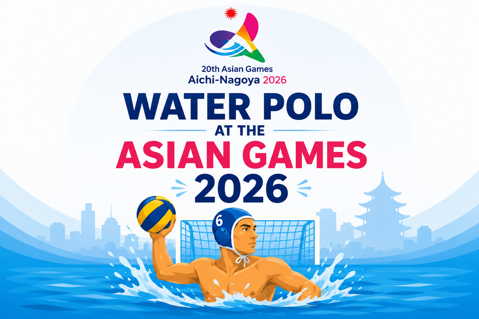 Water Polo at the Asian Games 2026 in Nagoya, featuring a centered water polo player, ball, goal and Aichi-Nagoya 2026 branding.