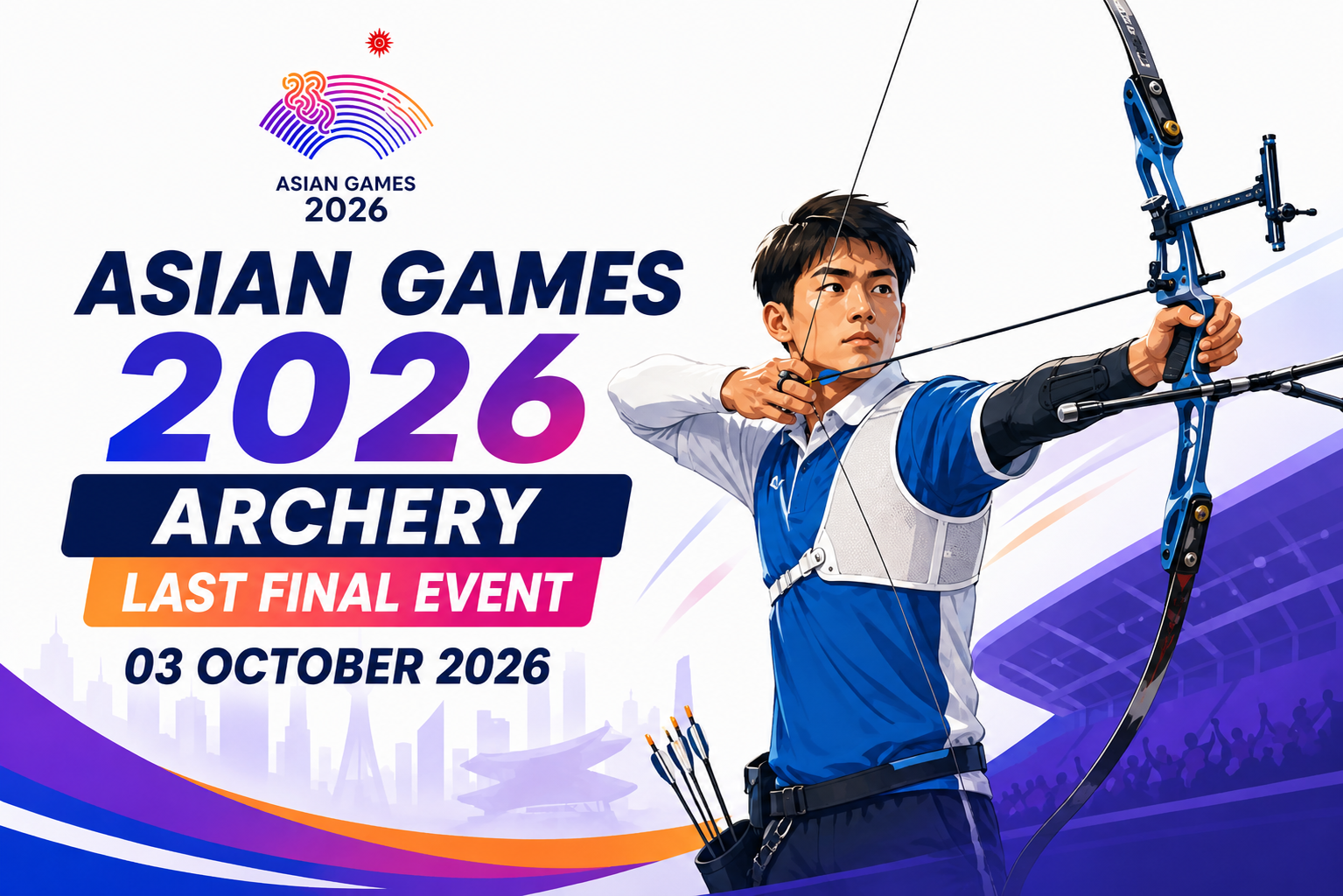 Archer aiming bow with Asian Games 2026 text and 03 October date.