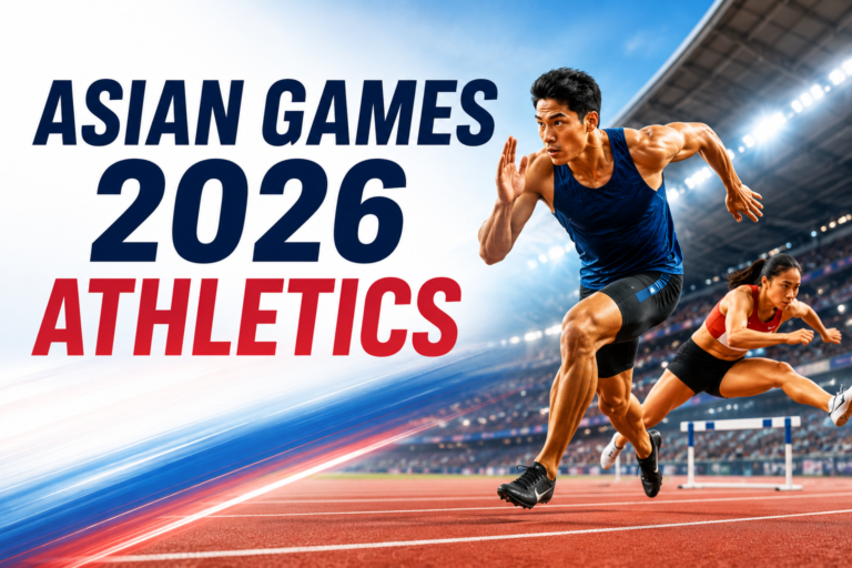 Asian Games 2026 Athletics featured image with sprinters on a stadium track.