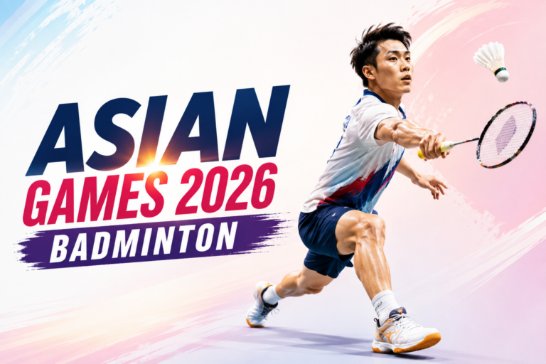 Asian Games 2026 Badminton player in action with tournament title.