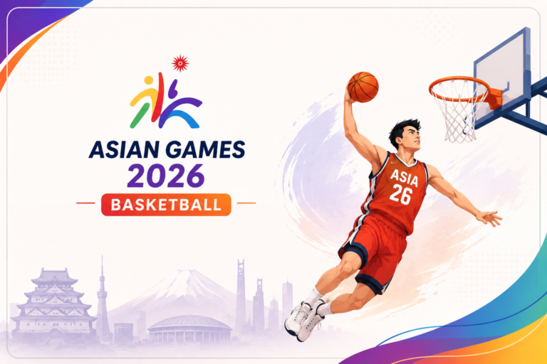 Asian Games 2026 Basketball featuring an animated basketball player dunking toward the hoop