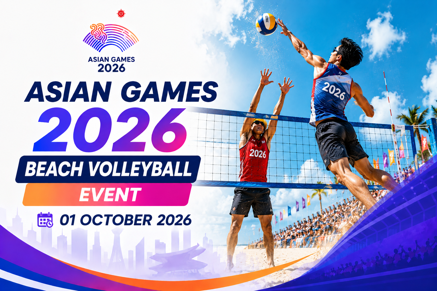 Asian Games 2026 Beach Volleyball event poster featuring two athletes competing at the net with the event date 01 October 2026.
