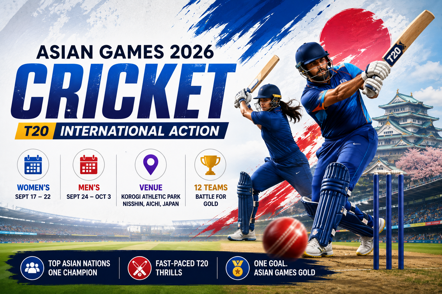 Asian Games 2026 Cricket banner showing male and female players batting with T20 event details, schedule, venue, and teams.