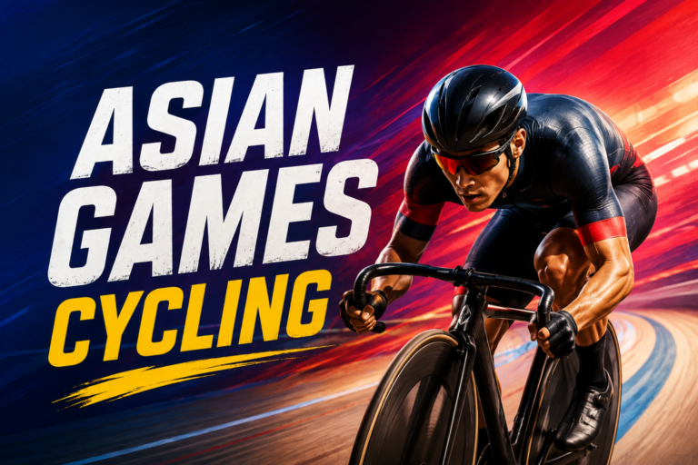Asian Games 2026 Cycling featured image with a cyclist racing on a dramatic track.
