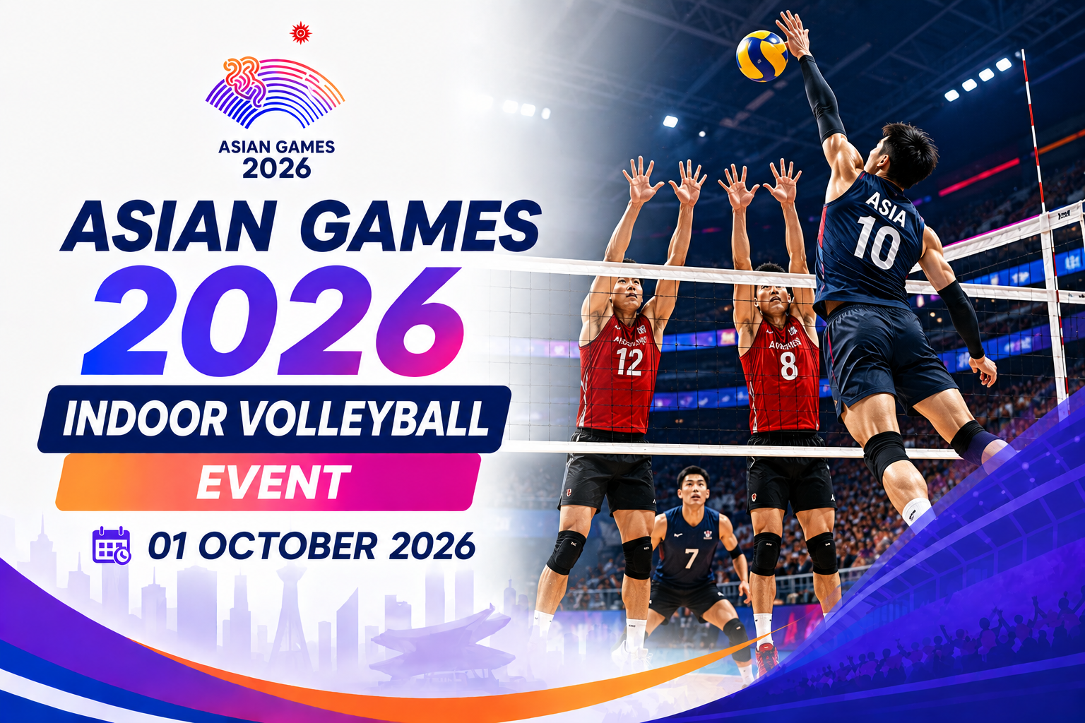 Asian Games 2026 Indoor Volleyball event poster featuring volleyball players competing at the net with the event date 01 October 2026.
