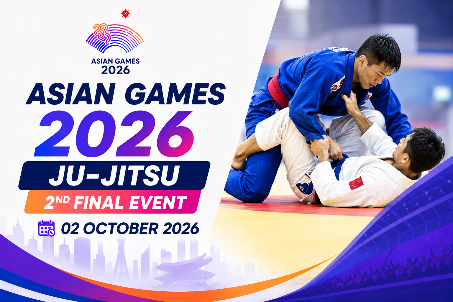 Asian Games 2026 Ju-Jitsu 2nd Final Event poster featuring two athletes competing in a ju-jitsu match with the event date of October 2, 2026.