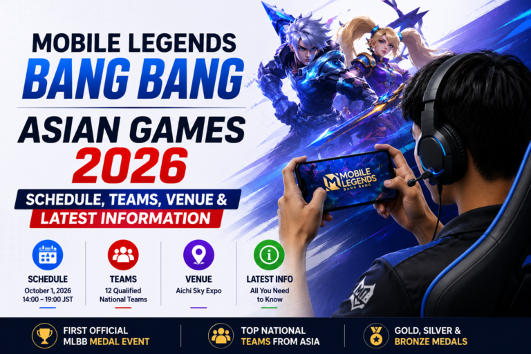 Mobile Legends Bang Bang Asian Games 2026 banner showing a gamer playing on a smartphone with esports characters and event details including schedule, teams, venue, and latest information.