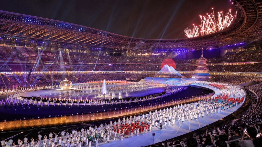 Asian Games 2026 opening ceremony in a futuristic Japanese stadium with athletes, spectators, stage lights, and fireworks