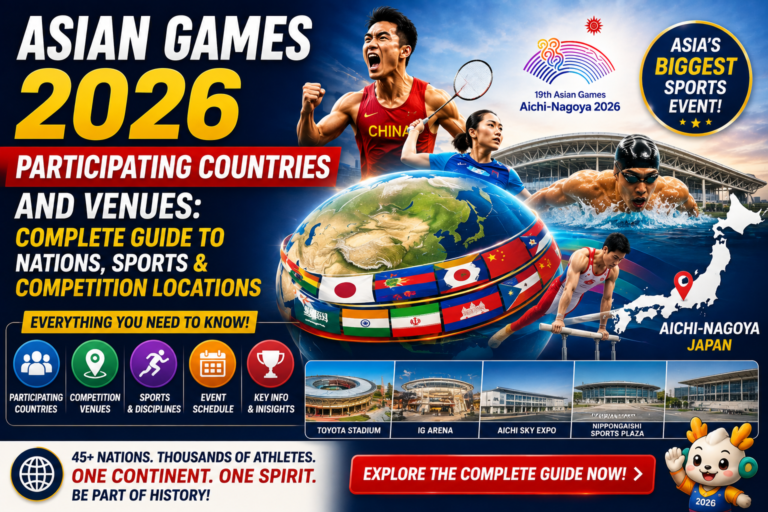 Asian Games 2026 participating countries and venues featuring nations, sports, athletes, and competition locations in Aichi-Nagoya, Japan