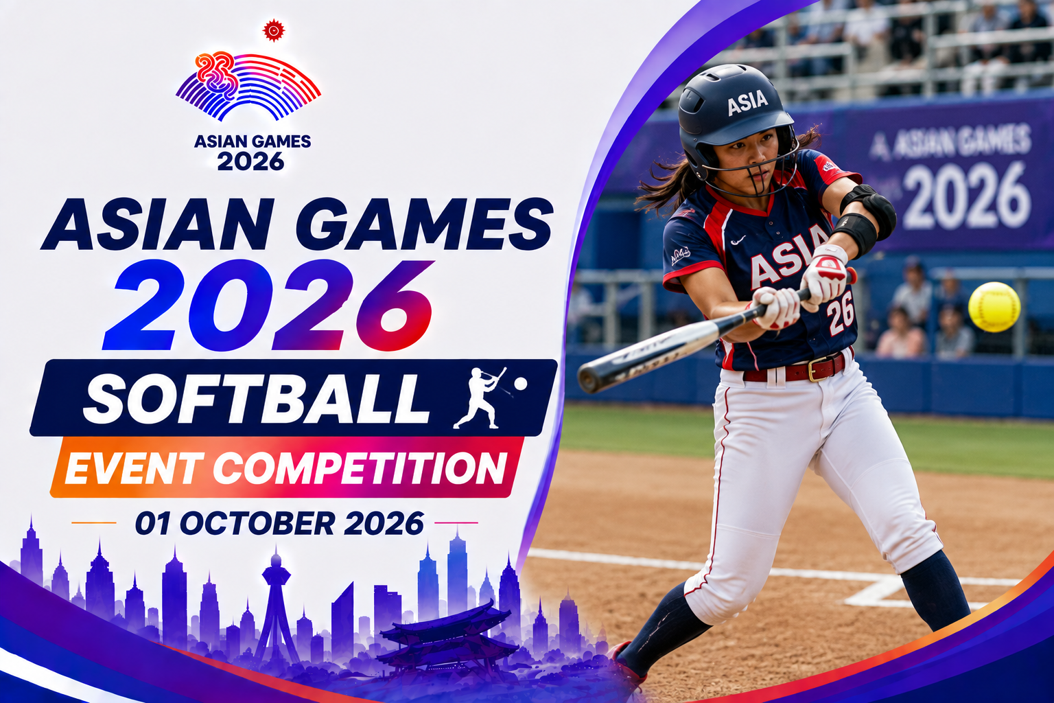 Softball player hitting ball with Asian Games 2026 text and 01 October date.