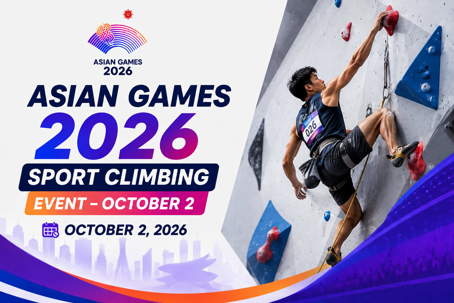 Sport climbing athlete on wall with Asian Games 2026 text and October 2 date.