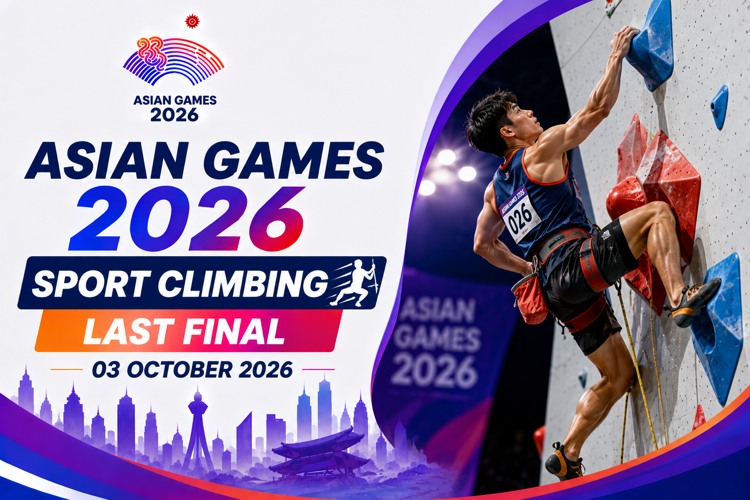 Sport climbing athlete scaling wall with Asian Games 2026 text and 03 October date.