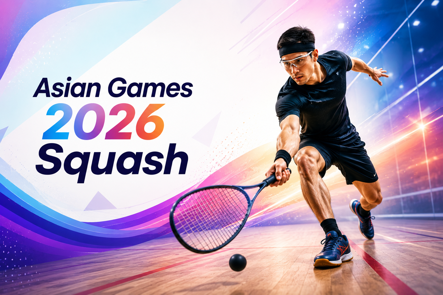 Asian Games 2026 Squash player competing on a squash court.