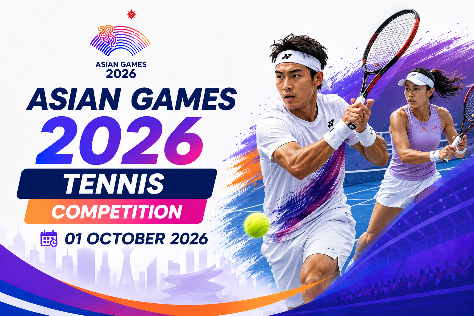 Asian Games 2026 Tennis Competition poster featuring male and female tennis players in action with the event date 01 October 2026.