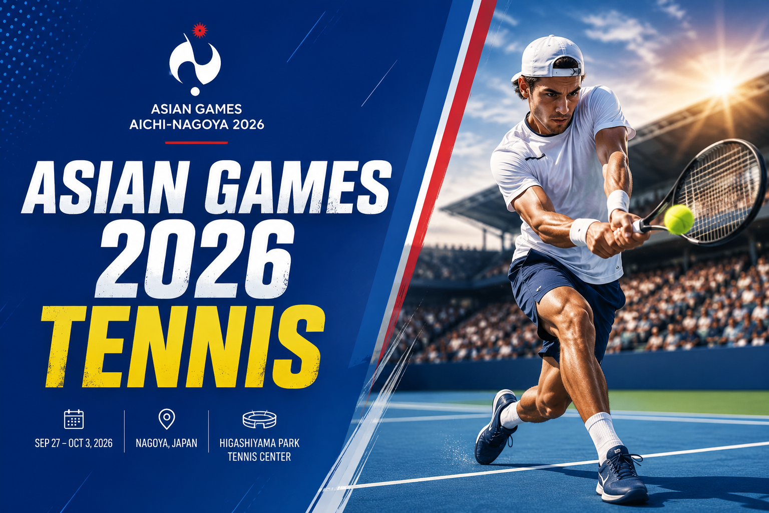 Asian Games 2026 Tennis player competing at Higashiyama Park Tennis Center in Nagoya.