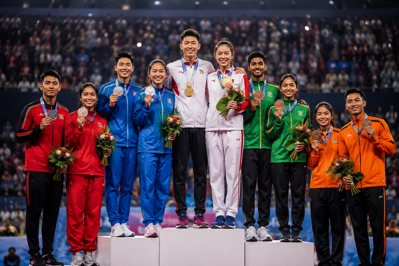 Asian athletes from different nations celebrating medals on a podium after a major multi-sport competition