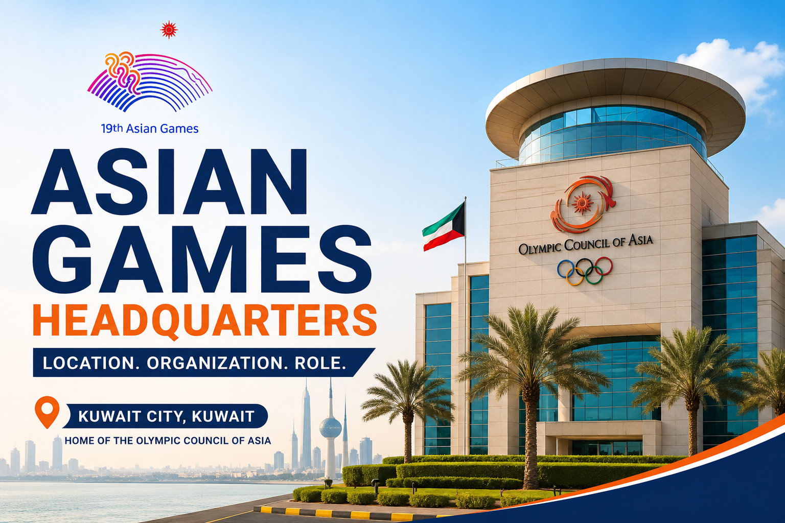 Asian Games headquarters in Kuwait City with Olympic Council of Asia branding.