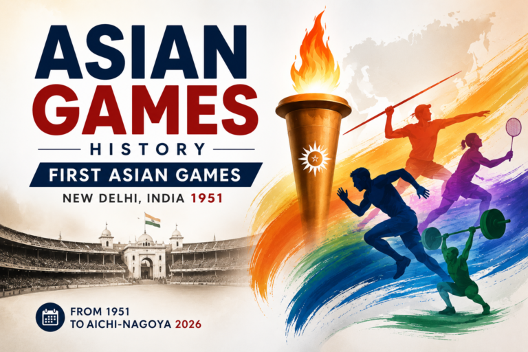 Asian Games history featured image highlighting the first Asian Games New Delhi 1951 with modern athletes and timeline to 2026