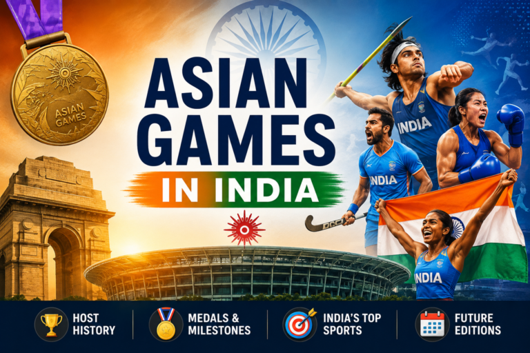 Asian Games in India featuring Indian athletes, medal, stadium, and India Gate.