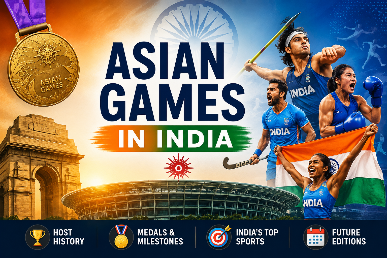 Asian Games in India featuring Indian athletes, medal, stadium, and India Gate.
