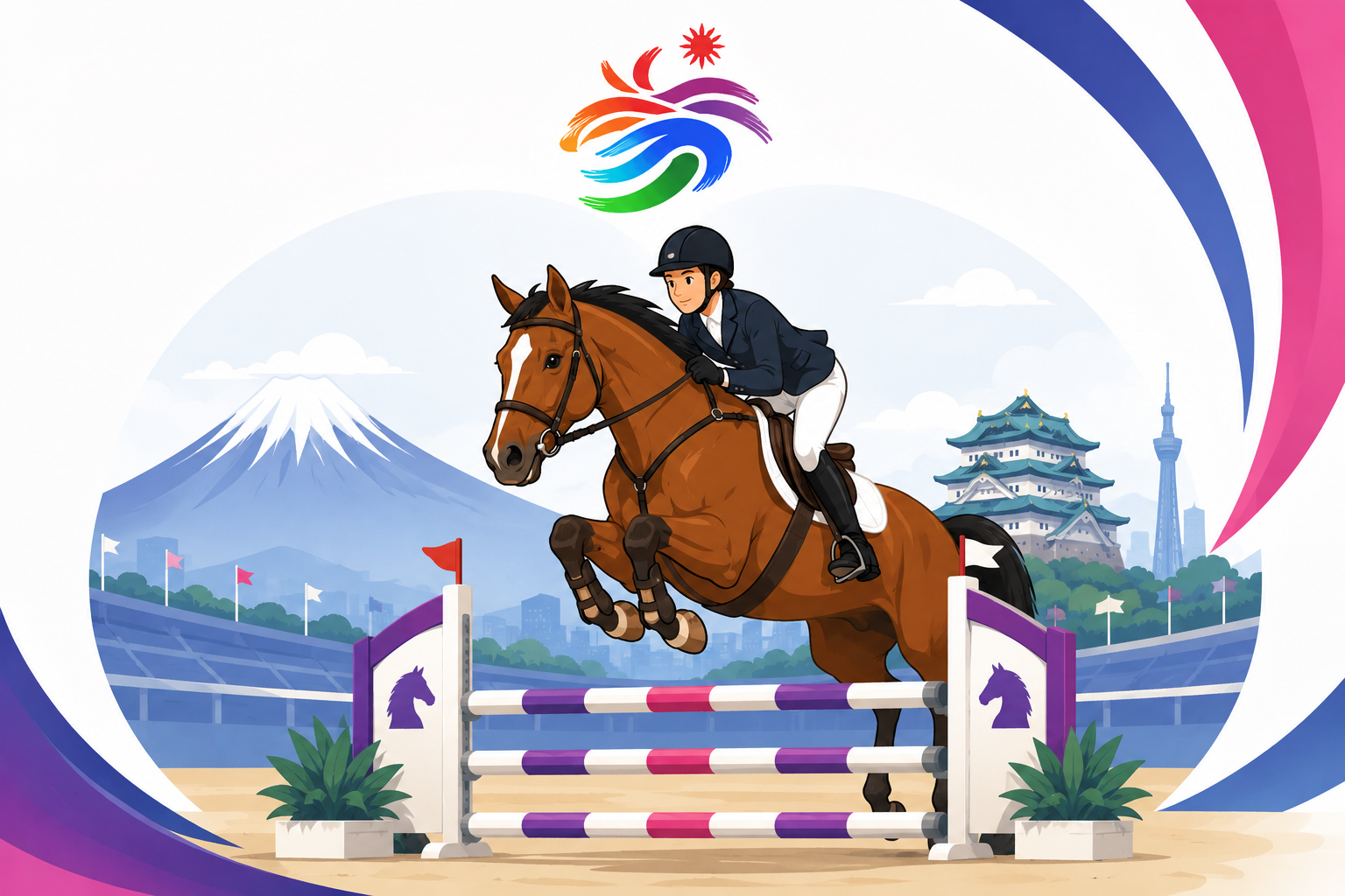 Equestrian Asian Games 2026 horse and rider jumping over an obstacle in a colorful stadium illustration