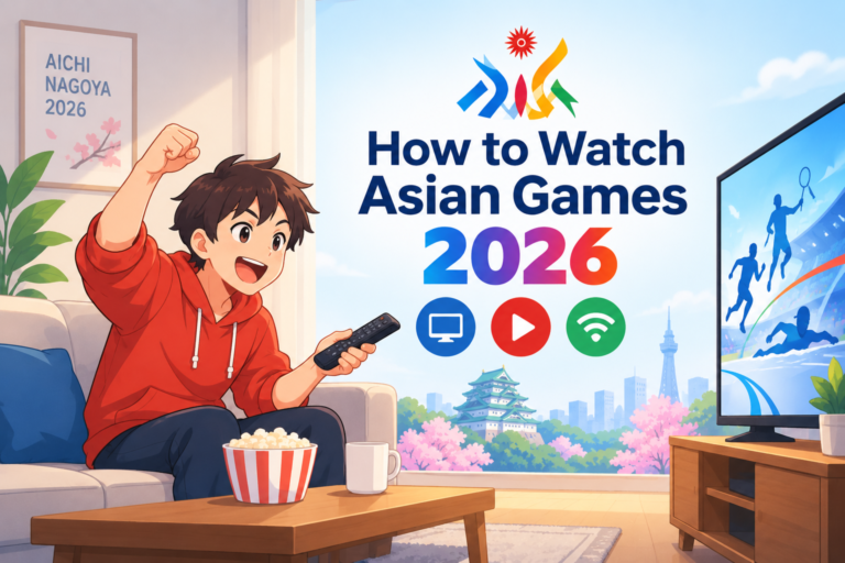 Asian Games 2026 viewing guide illustration featuring a man watching sports on TV with a remote, streaming, TV, and Wi-Fi icons