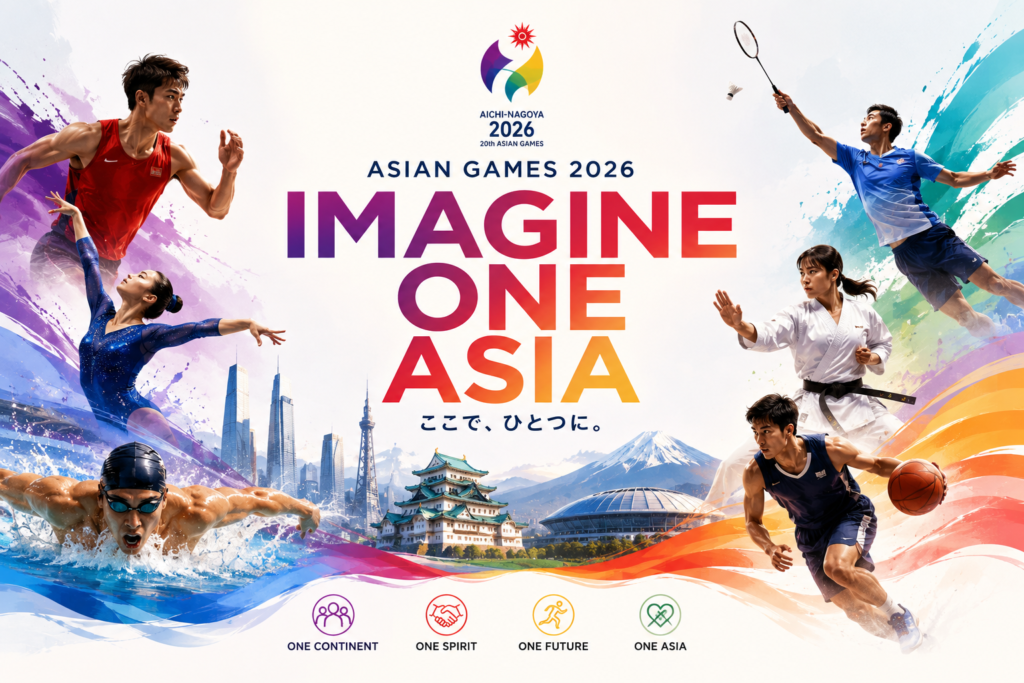 Asian Games 2026 IMAGINE ONE ASIA slogan with athletes