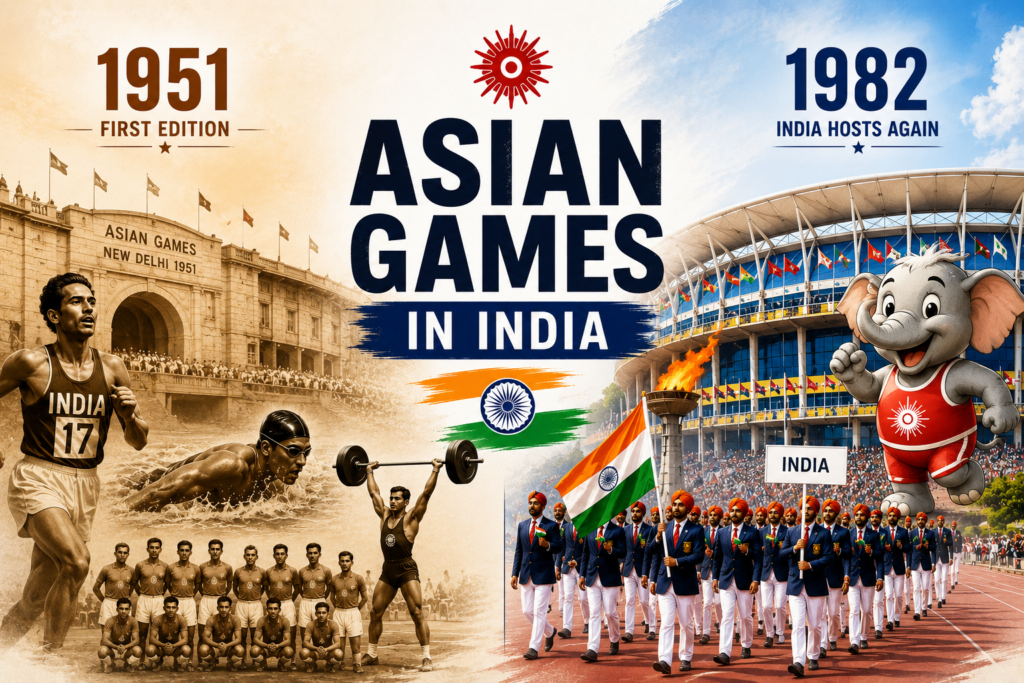 Asian Games in India, showing historic 1951 and 1982 New Delhi editions.