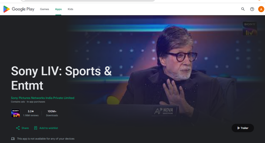 A SCREENSHOT OF SONY LIV APP