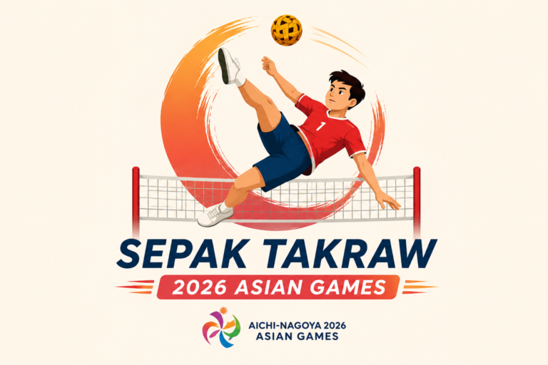 Sepak Takraw 2026 Asian Games featuring an animated athlete performing an aerial kick over the net