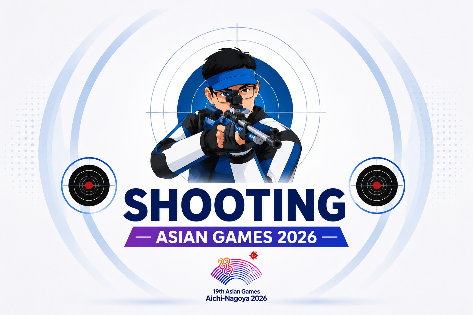 Animated shooter aiming a rifle at a target for Shooting Asian Games 2026 Aichi-Nagoya, Japan.