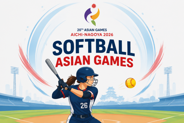 Softball Asian Games 2026 feature image showing an animated female softball player batting in a stadium during the Aichi-Nagoya Asian Games.
