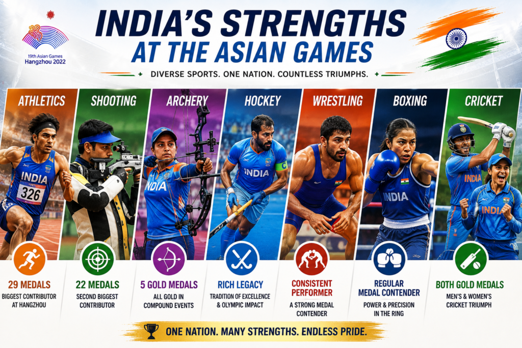 India’s strongest Asian Games sports, including athletics, shooting, archery, hockey, wrestling, boxing and cricket.