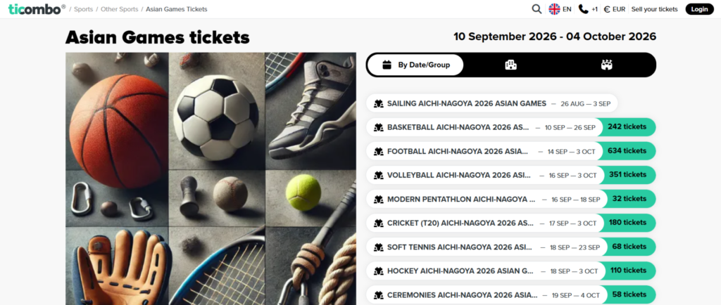 Homepage of Ticombo to buy tickets for asian games 2026