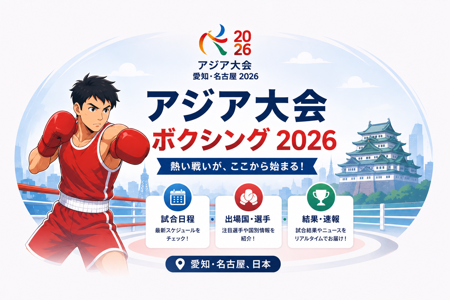 アジア大会ボクシング2026のイメージ画像。愛知・名古屋を背景にボクサーがリングで戦う様子と試合日程や結果速報を表現したイラスト